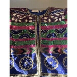 Vintage Bloomingdale’s Purple Sequined & Beaded Crop Jacket Size Large 100%Silk